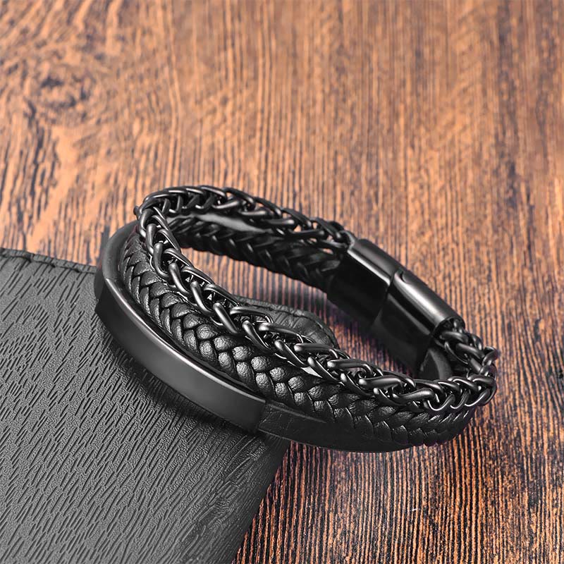 Fortune Jewel Titanium Steel Balance Calm Leather Woven Bracelet - Fortune Jewel