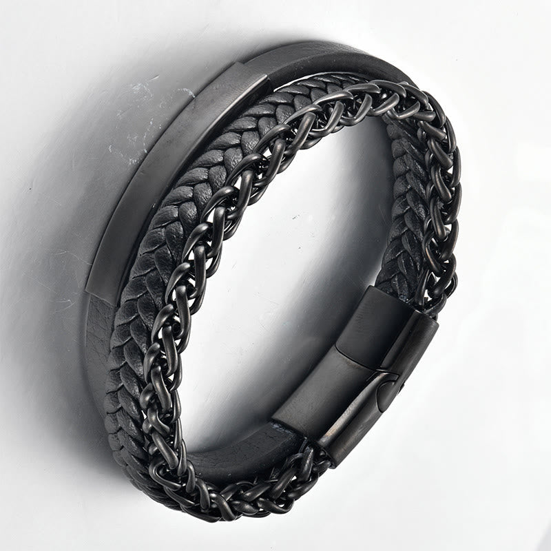 Fortune Jewel Titanium Steel Balance Calm Leather Woven Bracelet - Fortune Jewel