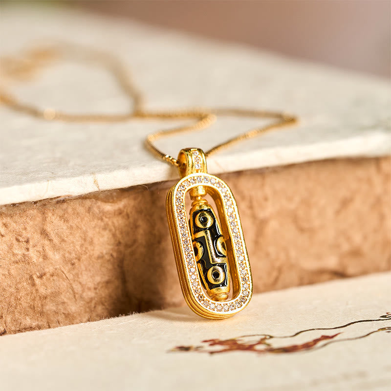 Fortune Jewel 24k Gold Plated Brass Nine-eye Dzi Bead Auspicious Pattern Wealth Pendant Necklace - Fortune Jewel