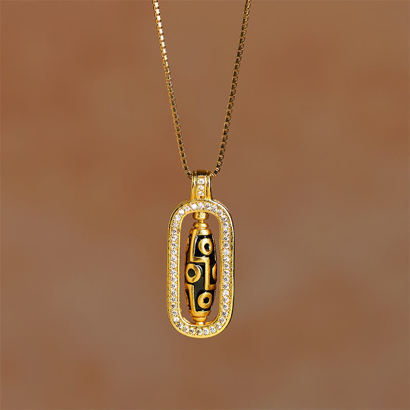 Fortune Jewel 24k Gold Plated Brass Nine-eye Dzi Bead Auspicious Pattern Wealth Pendant Necklace - Fortune Jewel