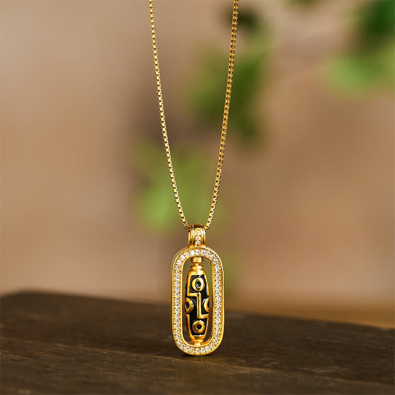 Fortune Jewel 24k Gold Plated Brass Nine-eye Dzi Bead Auspicious Pattern Wealth Pendant Necklace - Fortune Jewel