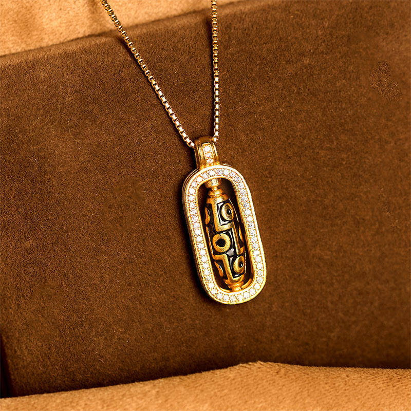 Fortune Jewel 24k Gold Plated Brass Nine-eye Dzi Bead Auspicious Pattern Wealth Pendant Necklace - Fortune Jewel
