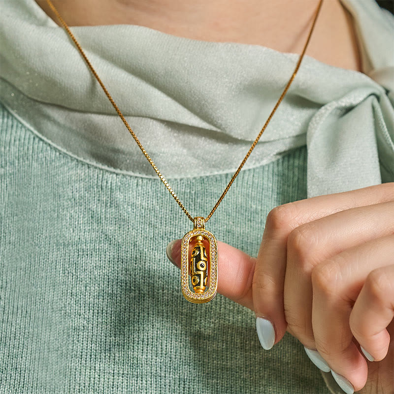 Fortune Jewel 24k Gold Plated Brass Nine-eye Dzi Bead Auspicious Pattern Wealth Pendant Necklace - Fortune Jewel