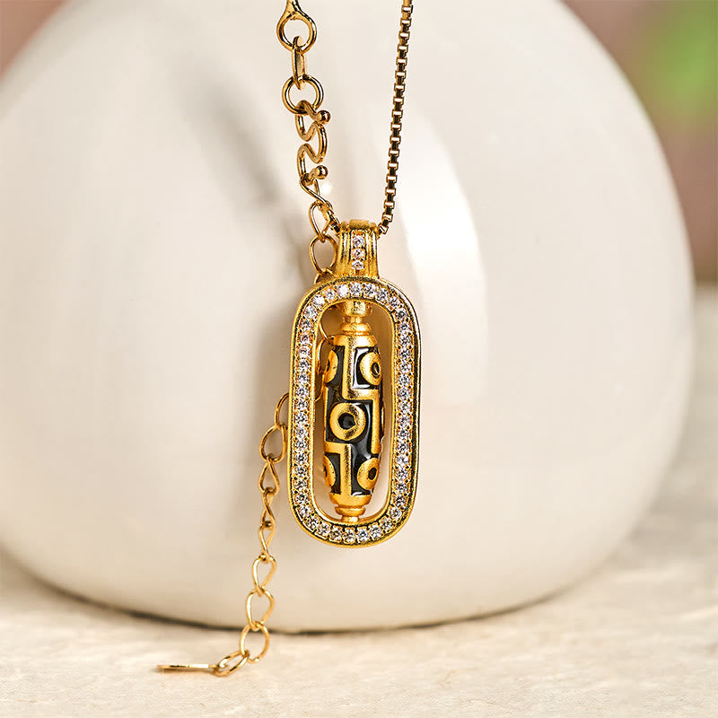 Fortune Jewel 24k Gold Plated Brass Nine-eye Dzi Bead Auspicious Pattern Wealth Pendant Necklace - Fortune Jewel