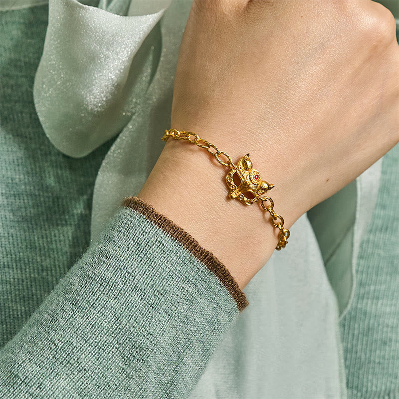Fortune Jewel 24k Gold Plated Brass Fox Design Heart Charm Chain Bracelet - Fortune Jewel