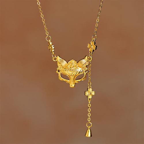 Buddha Stone 24k Gold Plated Brass Fox Flower Design Tassel Pendant Necklace - Fortune Jewel