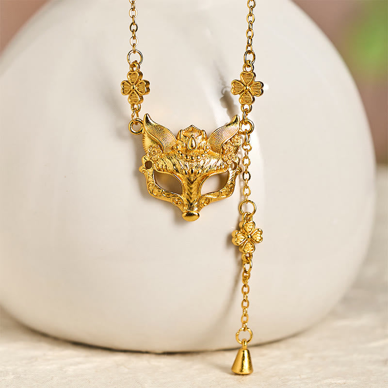 Buddha Stone 24k Gold Plated Brass Fox Flower Design Tassel Pendant Necklace - Fortune Jewel