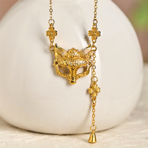 Buddha Stone 24k Gold Plated Brass Fox Flower Design Tassel Pendant Necklace - Fortune Jewel