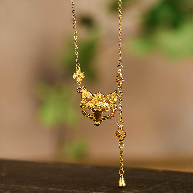 Buddha Stone 24k Gold Plated Brass Fox Flower Design Tassel Pendant Necklace - Fortune Jewel