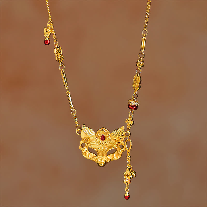 Buddha Stone 24k Gold Plated Brass Fox Design Tassel Pendant Necklace - Fortune Jewel