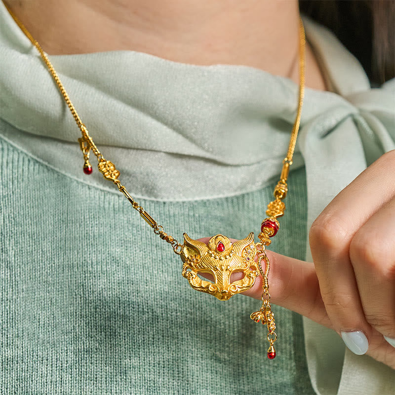 Buddha Stone 24k Gold Plated Brass Fox Design Tassel Pendant Necklace - Fortune Jewel