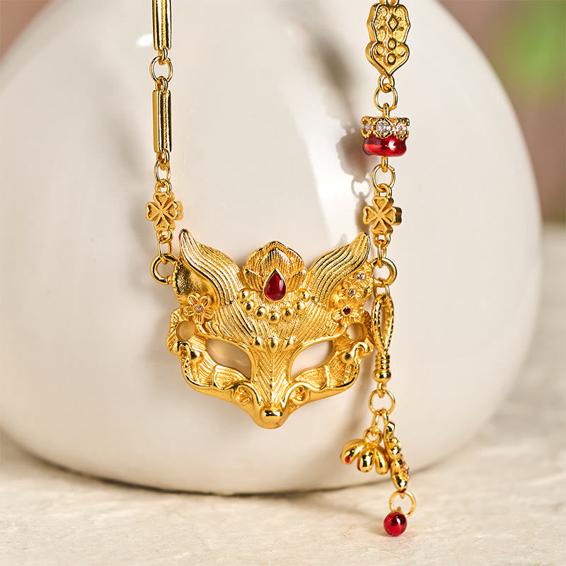 Buddha Stone 24k Gold Plated Brass Fox Design Tassel Pendant Necklace - Fortune Jewel