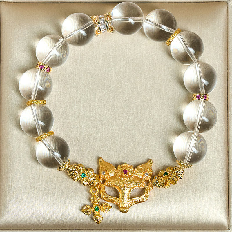 Buddha Stones Fox Cross Charm White Crystal Beaded Protection Bracelet - Fortune Jewel