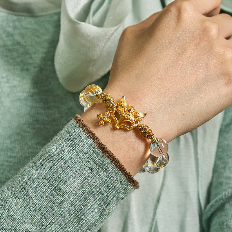Buddha Stones Fox Cross Charm White Crystal Beaded Protection Bracelet - Fortune Jewel