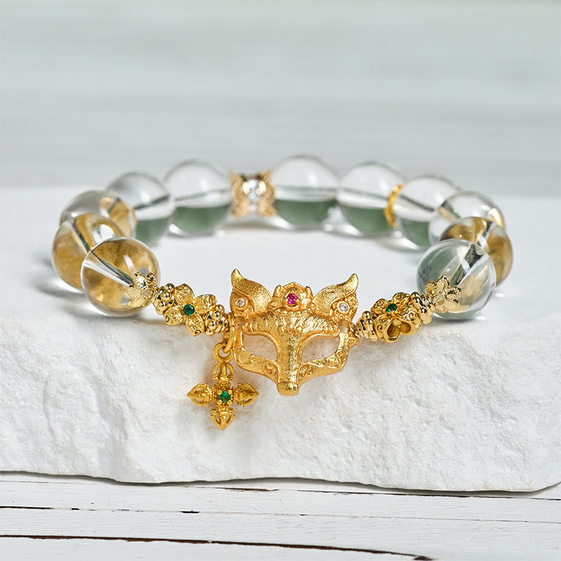 Buddha Stones Fox Cross Charm White Crystal Beaded Protection Bracelet - Fortune Jewel