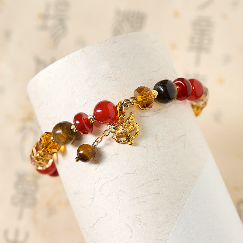 Fortune Jewel Red Agate Tiger Eye Fox Charm Calm Beaded Bracelet - Fortune Jewel