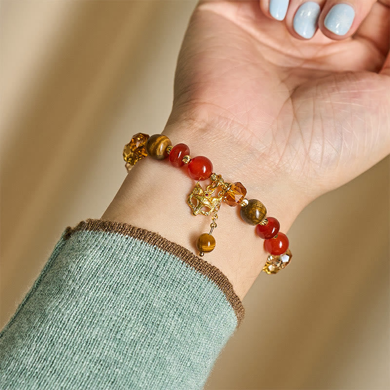 Fortune Jewel Red Agate Tiger Eye Fox Charm Calm Beaded Bracelet - Fortune Jewel