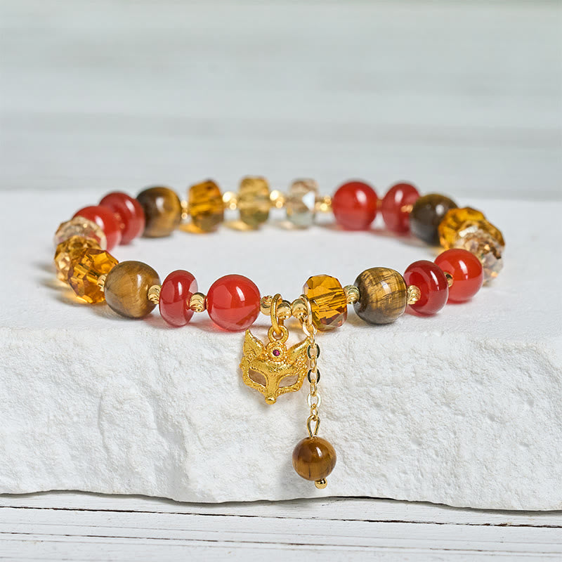 Fortune Jewel Red Agate Tiger Eye Fox Charm Calm Beaded Bracelet - Fortune Jewel