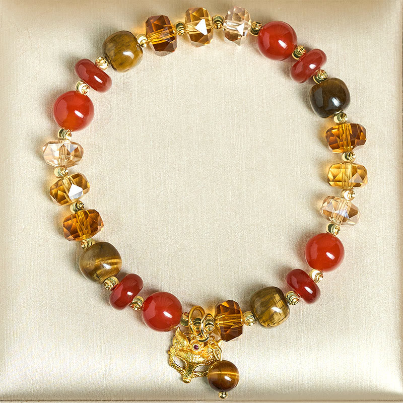 Fortune Jewel Red Agate Tiger Eye Fox Charm Calm Beaded Bracelet - Fortune Jewel