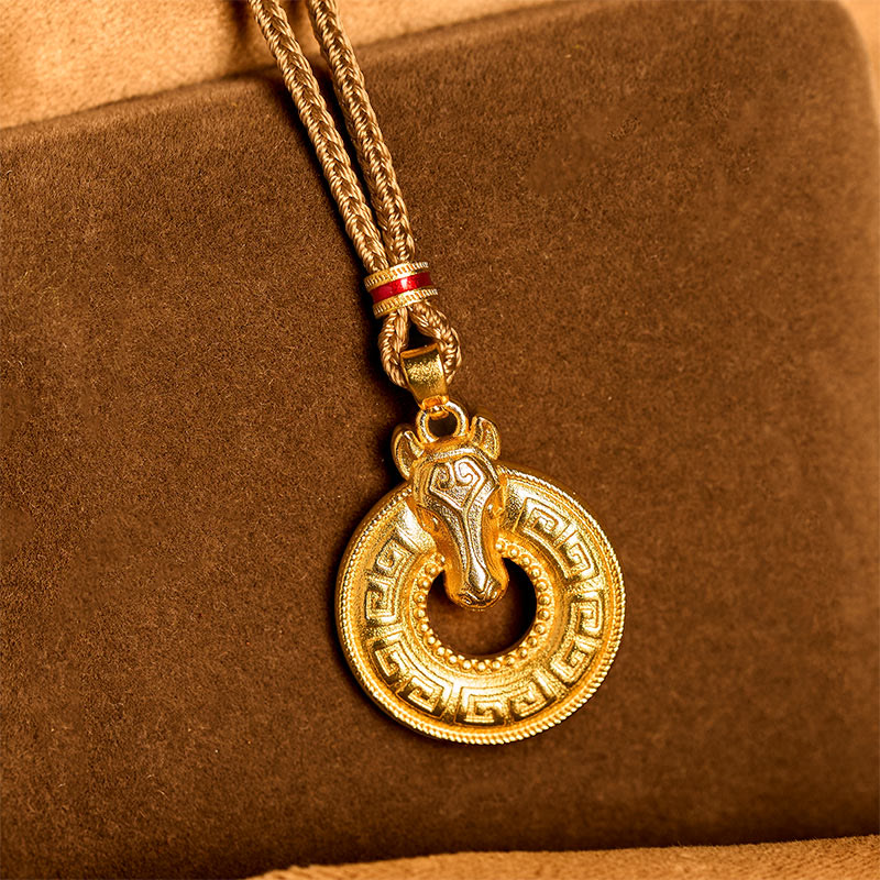 Fortune Jewel Year Of The Horse Peace Buckle Fu Character Gold Plated Copper Energy Necklace Pendant - Fortune Jewel