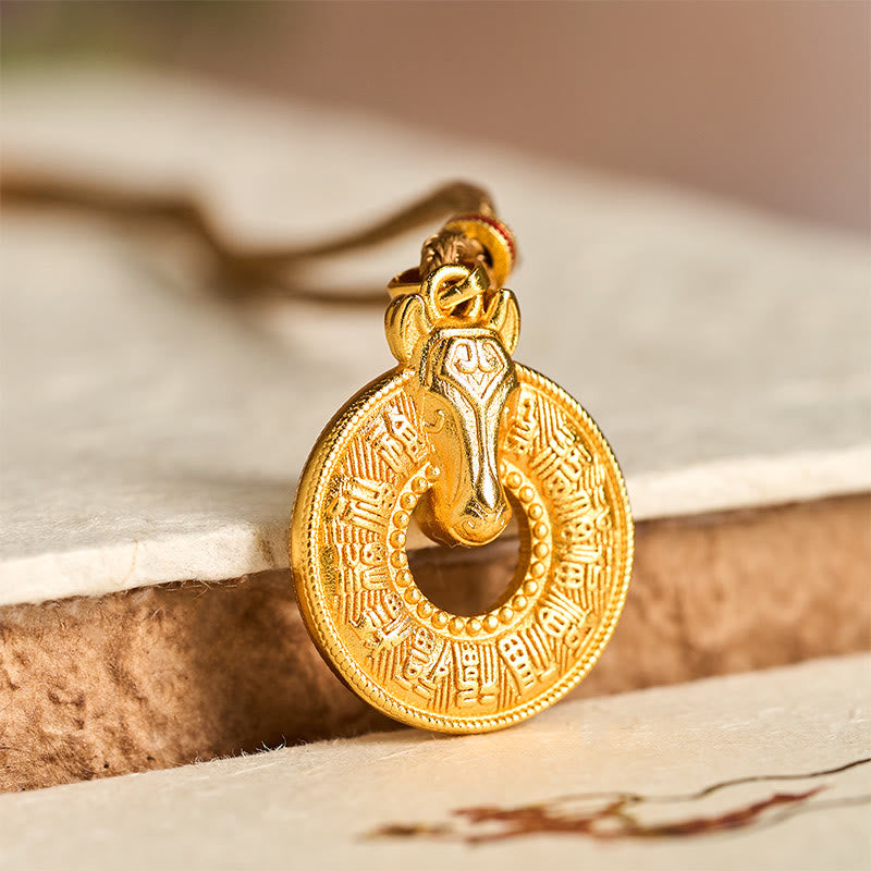 Fortune Jewel Year Of The Horse Peace Buckle Fu Character Gold Plated Copper Energy Necklace Pendant - Fortune Jewel