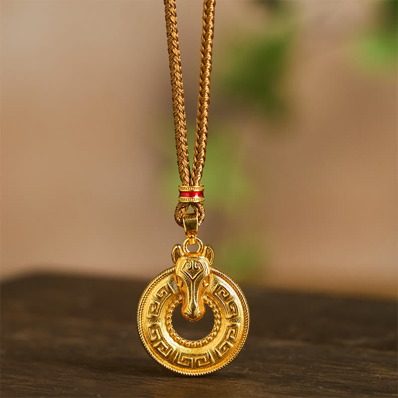 Fortune Jewel Year Of The Horse Peace Buckle Fu Character Gold Plated Copper Energy Necklace Pendant - Fortune Jewel