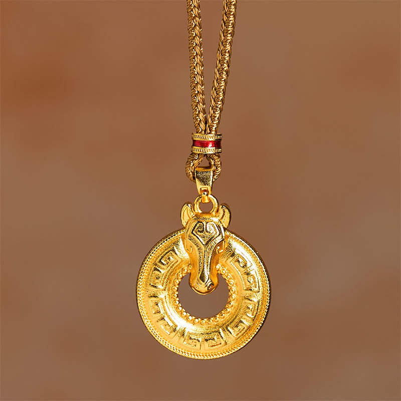 Fortune Jewel Year Of The Horse Peace Buckle Fu Character Gold Plated Copper Energy Necklace Pendant - Fortune Jewel