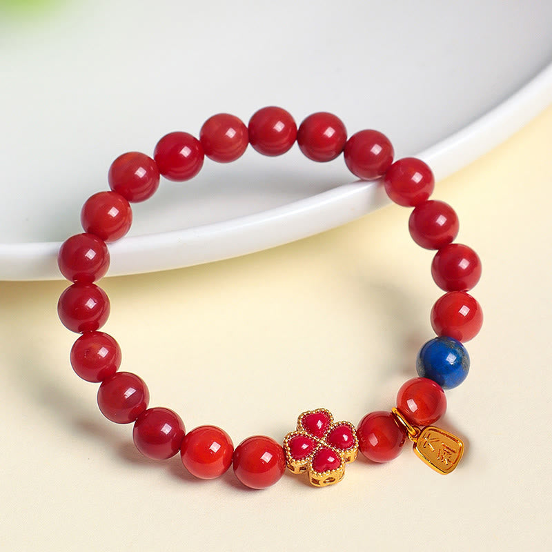 Fortune Jewel Four Leaf Clover Flower Gourd South Red Agate White Agate Positive Beaded Bracelet - Fortune Jewel