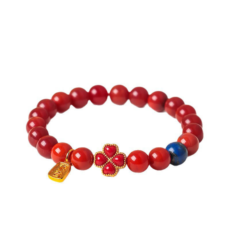 Fortune Jewel Four Leaf Clover Flower Gourd South Red Agate White Agate Positive Beaded Bracelet - Fortune Jewel