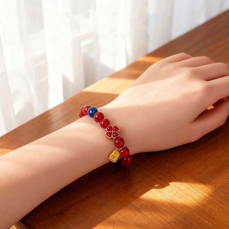 Fortune Jewel Four Leaf Clover Flower Gourd South Red Agate White Agate Positive Beaded Bracelet - Fortune Jewel