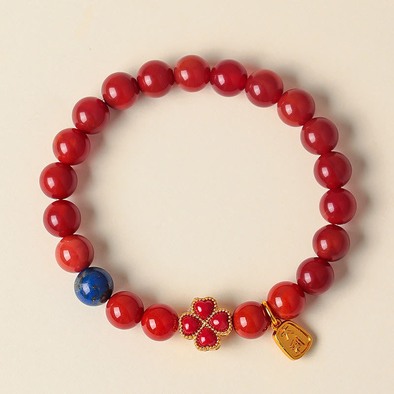 Fortune Jewel Four Leaf Clover Flower Gourd South Red Agate White Agate Positive Beaded Bracelet - Fortune Jewel