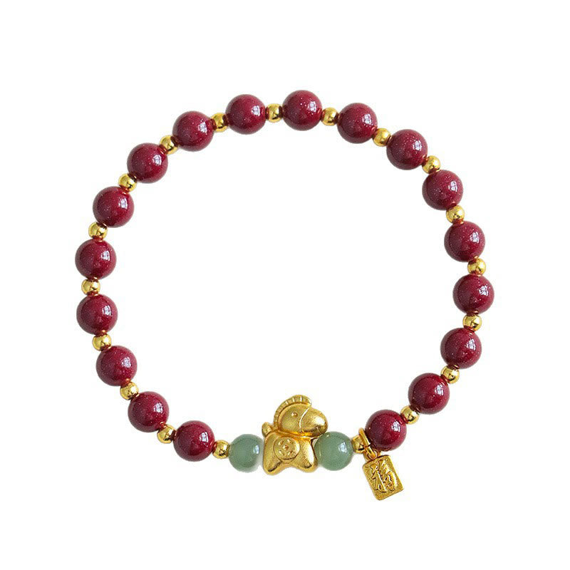 Buddha Stones Chinese Zodiac Year of the Horse Fu Character Cinnabar Hetian Jade Blessing Bracelet - Fortune Jewel