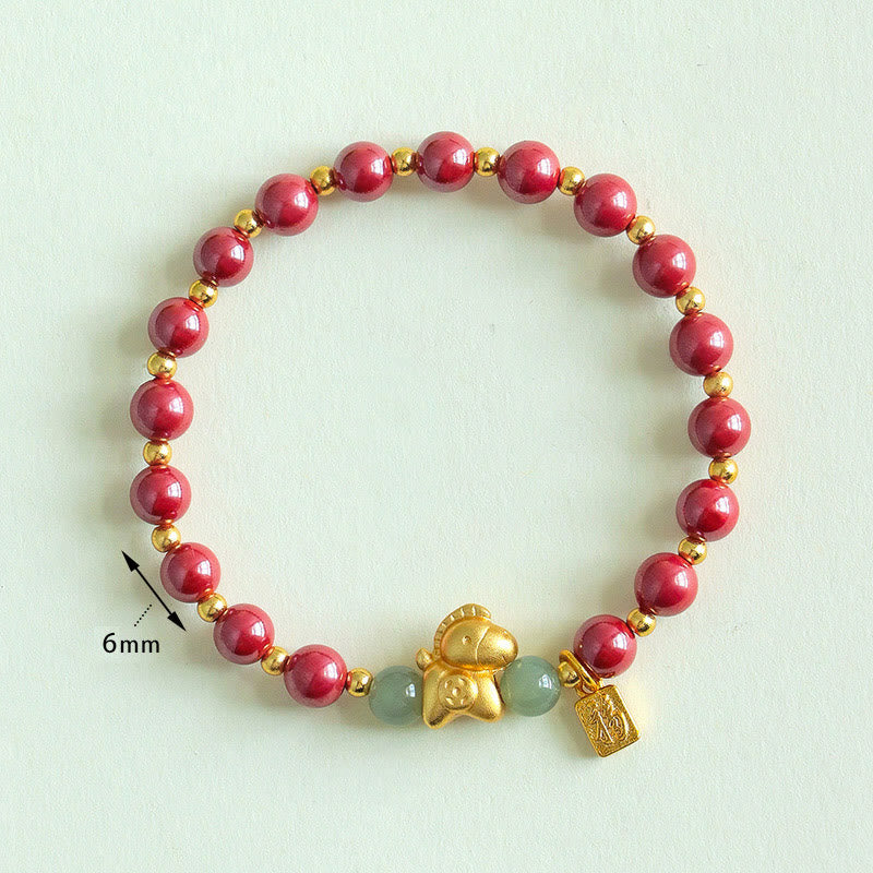 Buddha Stones Chinese Zodiac Year of the Horse Fu Character Cinnabar Hetian Jade Blessing Bracelet - Fortune Jewel