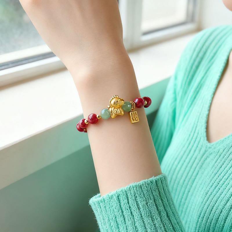 Buddha Stones Chinese Zodiac Year of the Horse Fu Character Cinnabar Hetian Jade Blessing Bracelet - Fortune Jewel
