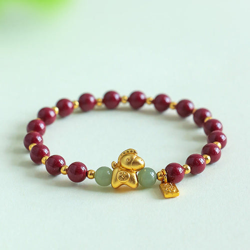 Buddha Stones Chinese Zodiac Year of the Horse Fu Character Cinnabar Hetian Jade Blessing Bracelet - Fortune Jewel