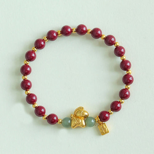 Buddha Stones Chinese Zodiac Year of the Horse Fu Character Cinnabar Hetian Jade Blessing Bracelet - Fortune Jewel