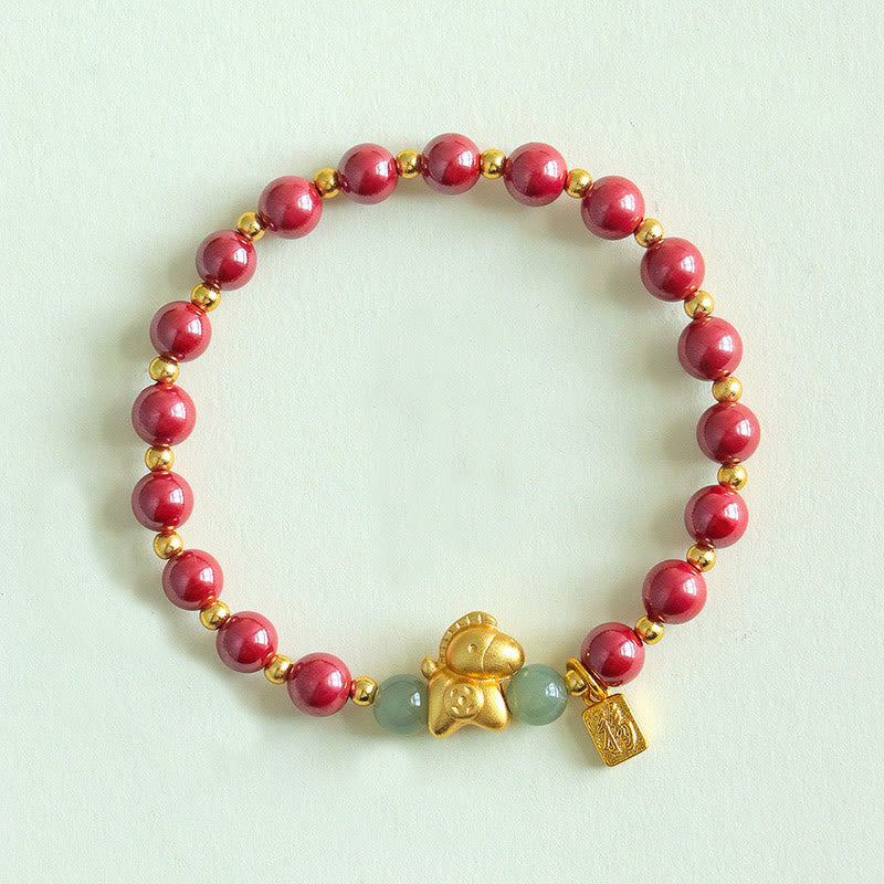 Buddha Stones Chinese Zodiac Year of the Horse Fu Character Cinnabar Hetian Jade Blessing Bracelet - Fortune Jewel