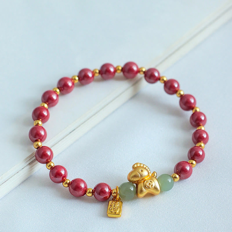 Buddha Stones Chinese Zodiac Year of the Horse Fu Character Cinnabar Hetian Jade Blessing Bracelet - Fortune Jewel