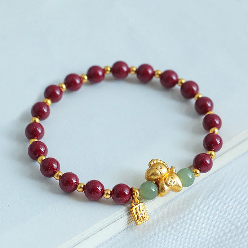 Buddha Stones Chinese Zodiac Year of the Horse Fu Character Cinnabar Hetian Jade Blessing Bracelet - Fortune Jewel