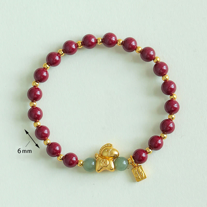 Buddha Stones Chinese Zodiac Year of the Horse Fu Character Cinnabar Hetian Jade Blessing Bracelet - Fortune Jewel
