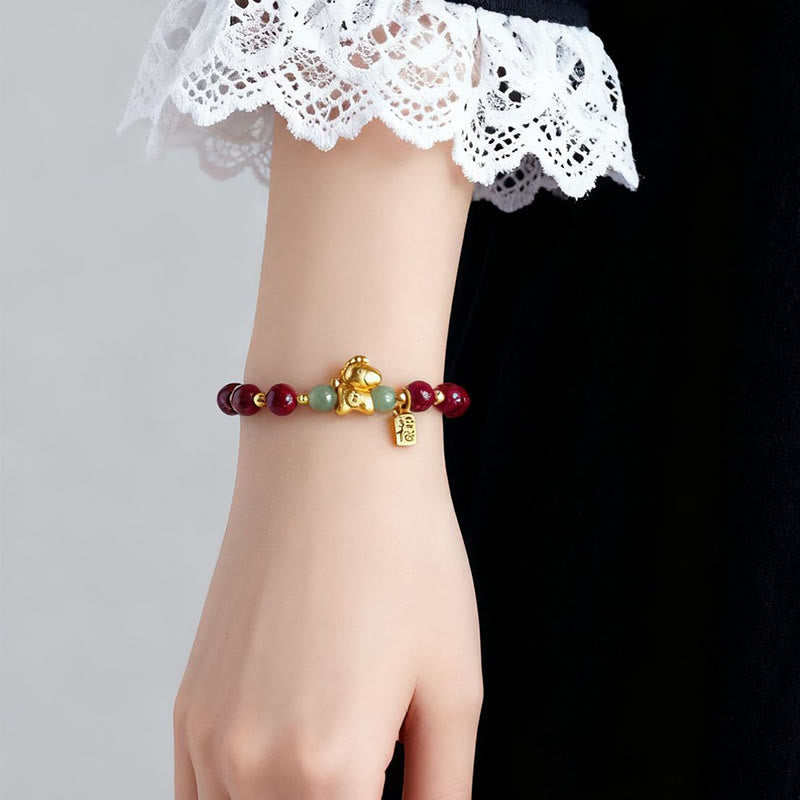 Buddha Stones Chinese Zodiac Year of the Horse Fu Character Cinnabar Hetian Jade Blessing Bracelet - Fortune Jewel