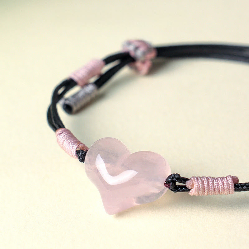 Fortune Jewel Natural Heart Charm Pink Crystal Braided String Warmth Bracelet - Fortune Jewel