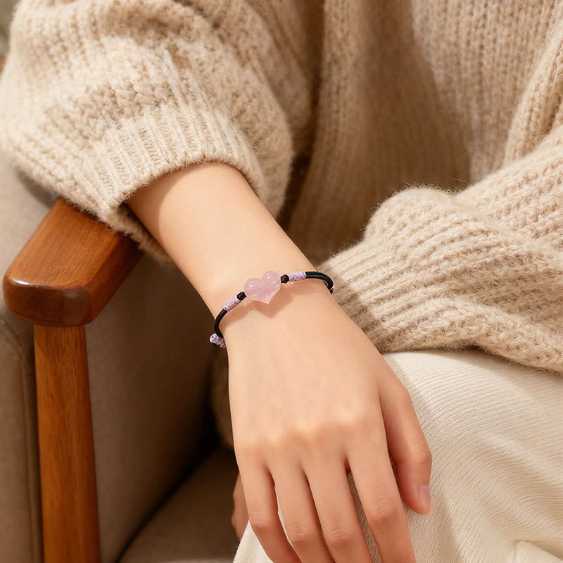 Fortune Jewel Natural Heart Charm Pink Crystal Braided String Warmth Bracelet - Fortune Jewel