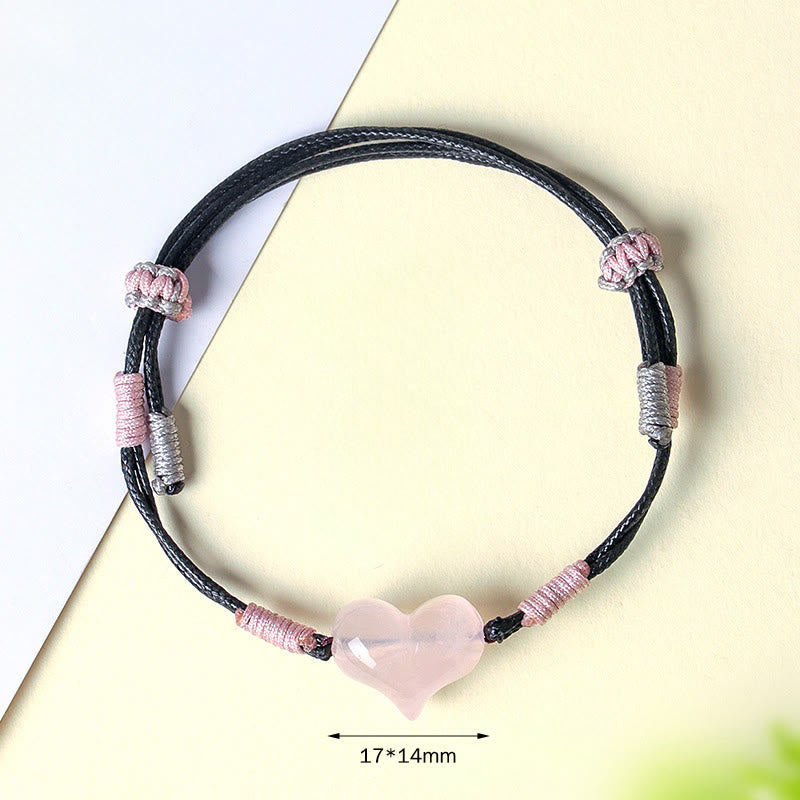 Fortune Jewel Natural Heart Charm Pink Crystal Braided String Warmth Bracelet - Fortune Jewel