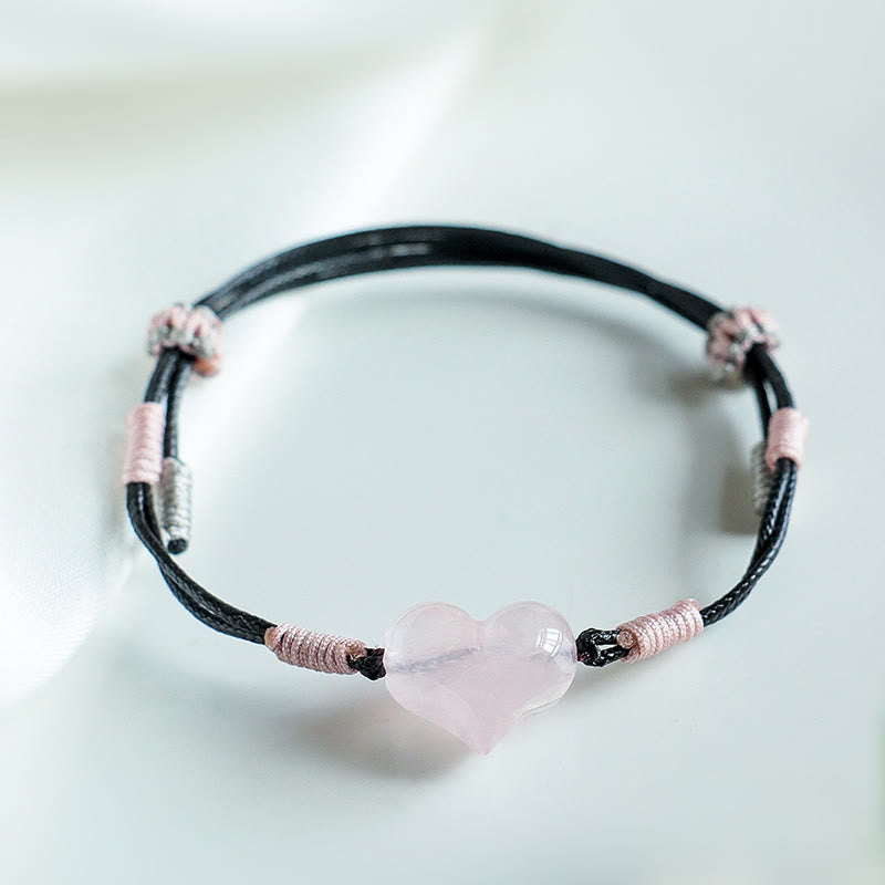 Fortune Jewel Natural Heart Charm Pink Crystal Braided String Warmth Bracelet - Fortune Jewel