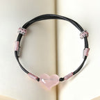 Fortune Jewel Natural Heart Charm Pink Crystal Braided String Warmth Bracelet - Fortune Jewel