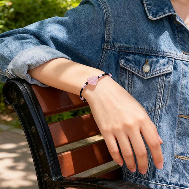 Fortune Jewel Natural Heart Charm Pink Crystal Braided String Warmth Bracelet - Fortune Jewel