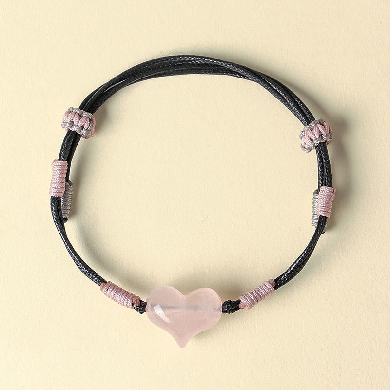 Fortune Jewel Natural Heart Charm Pink Crystal Braided String Warmth Bracelet - Fortune Jewel