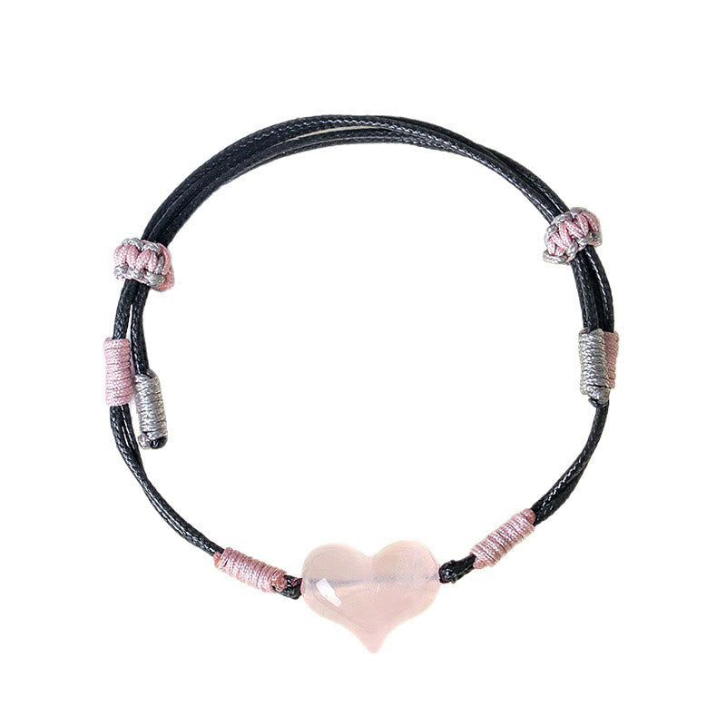 Fortune Jewel Natural Heart Charm Pink Crystal Braided String Warmth Bracelet - Fortune Jewel