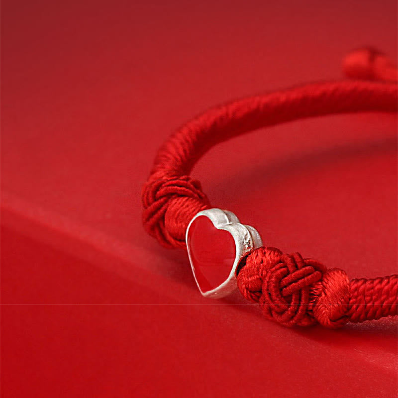 Fortune Jewel 999 Sterling Silver 3D Heart Design Red String Connection Bracelet - Fortune Jewel